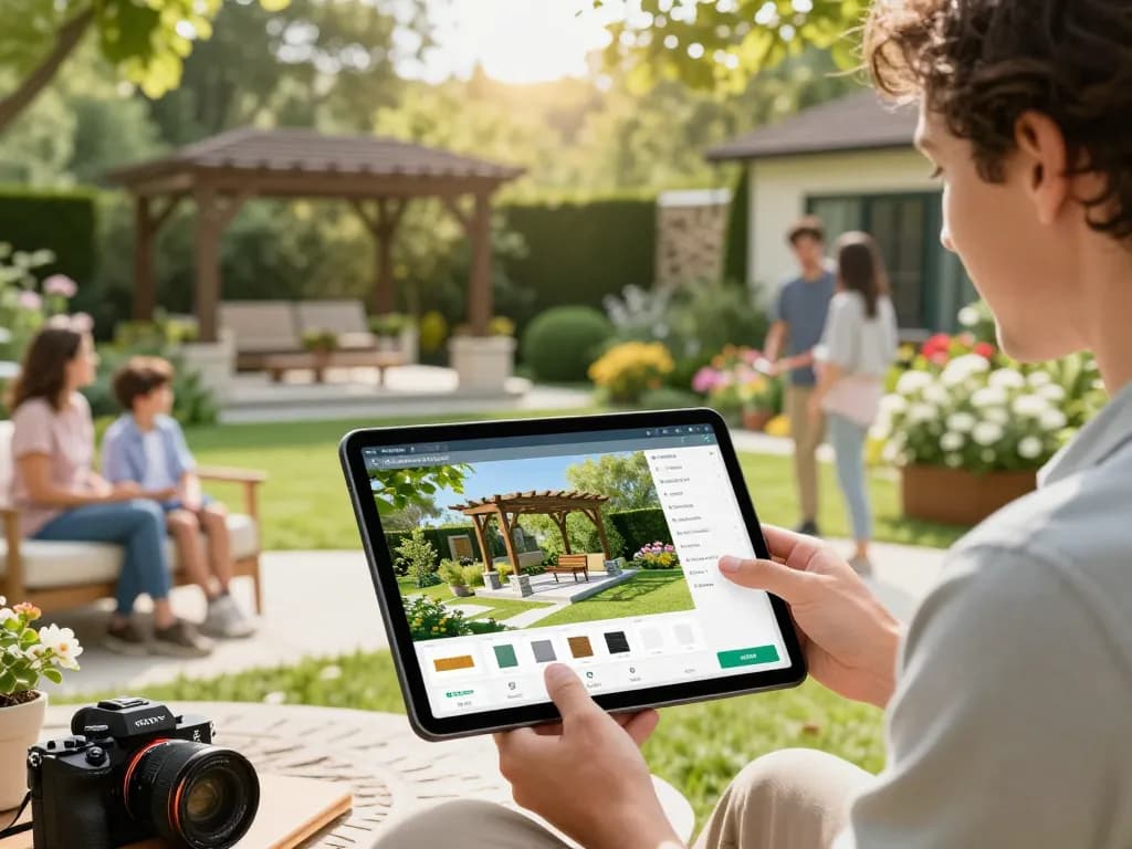Engaging customer using Pergola Configurator Software to visualize custom designs in a beautiful garden.